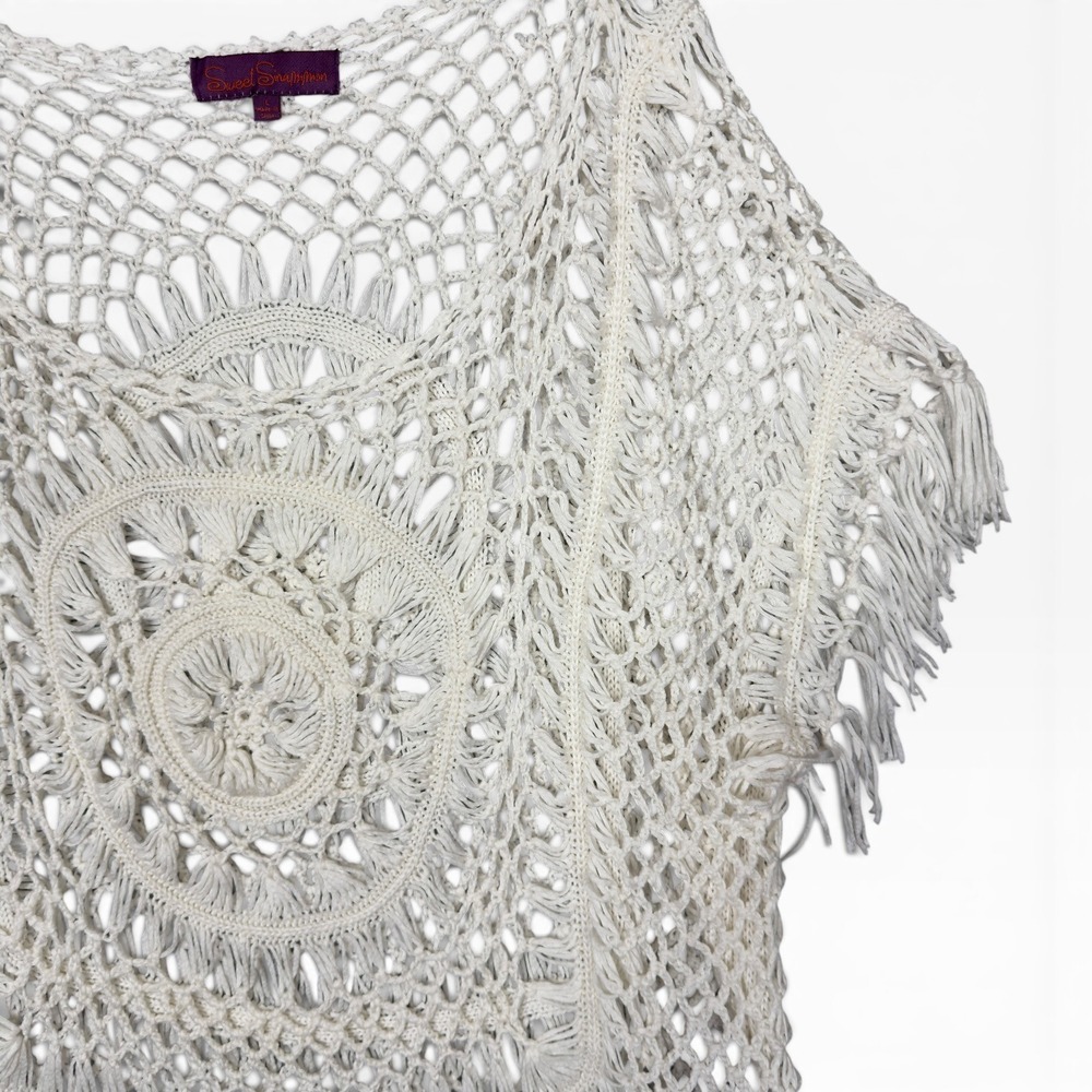 Crochet Macrame Poncho Top Cover Up Large Cream Fringe Boho Hippie Open Knit - Picture 5 of 9